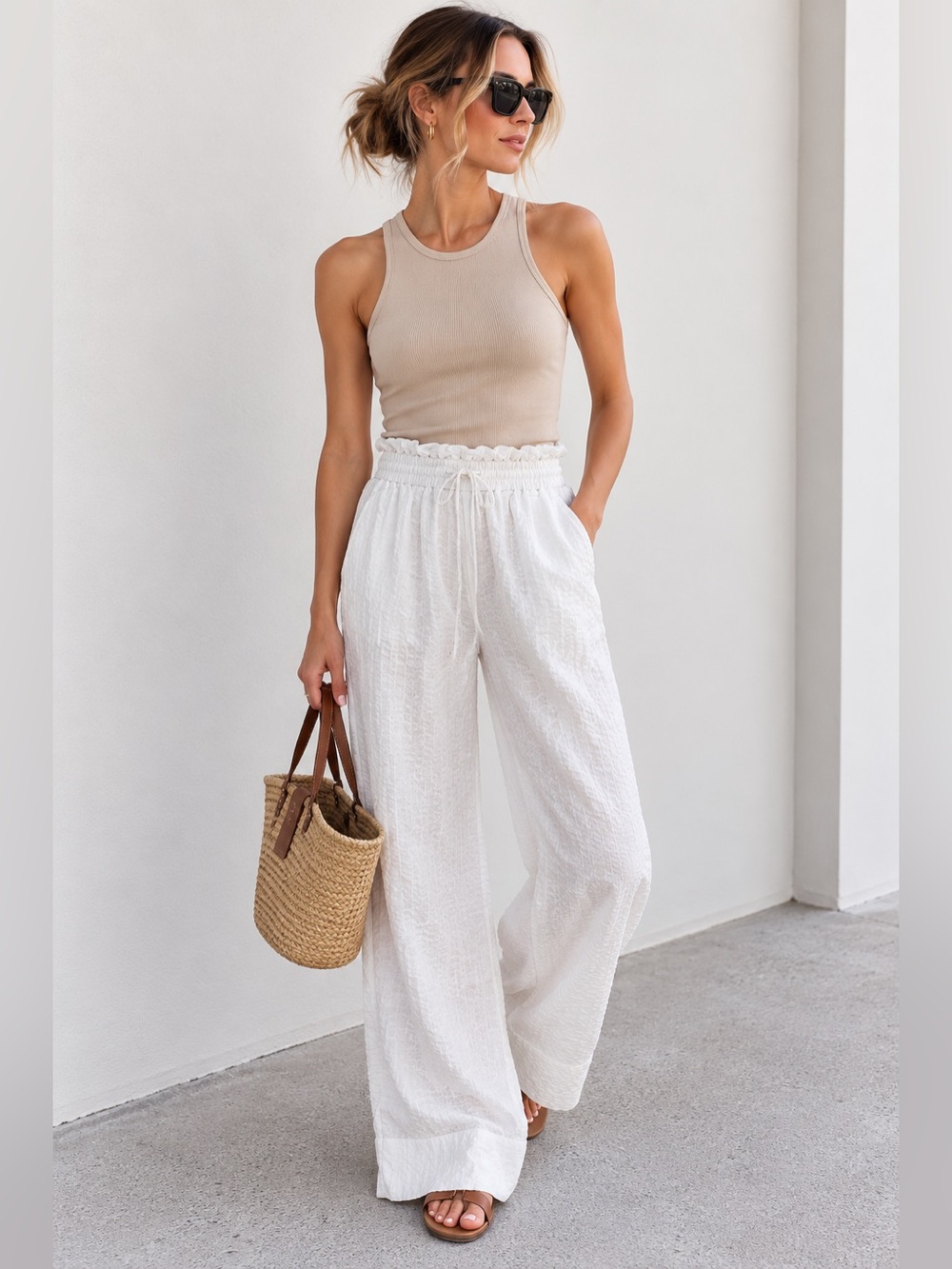 Jonathan Simkhai Luxe Textured Wide‑Leg Pants resortwear white cotton blend M